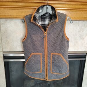 THML Croquet Style Quilted Sweater Vest Small Gray Plaid Lined Pocket Full Zip
